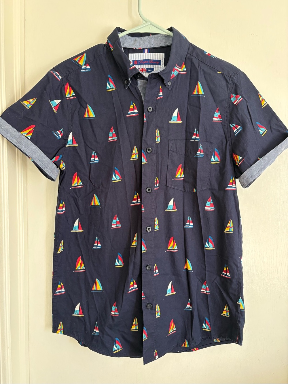 English Laundry Navy Short Sleeve Button-Down with Multicolor Sailboat Print
